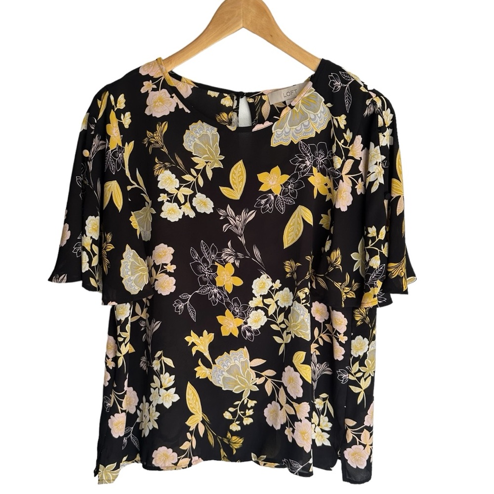 Loft Golden Floral Covered Button Sleeve Top Size L